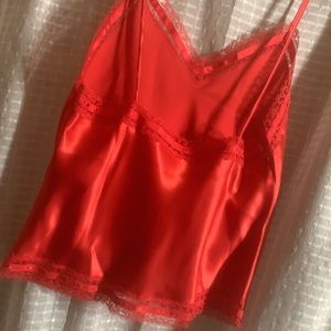 Camisole - satin finish lace v-neck on all trim. Spaghetti straps.